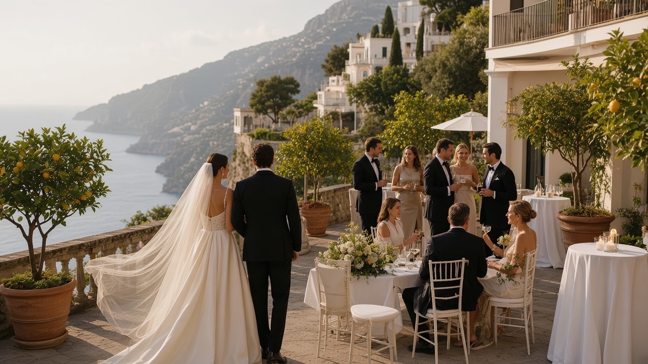 Bride and groom overlooking a wedding gathering on a private Amalfi Coast terrace