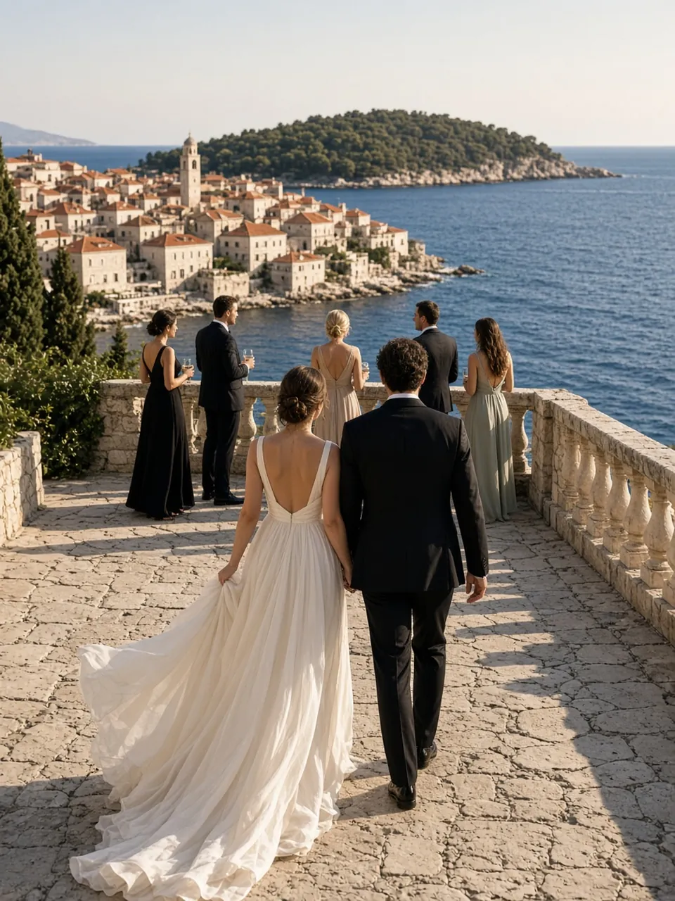 Bride and groom walking toward guests on a limestone terrace above a Croatian Adriatic town