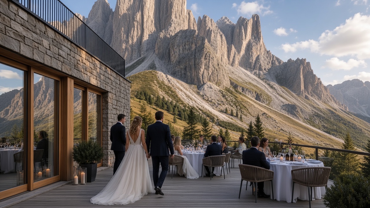Bride and groom walking toward an outdoor wedding dinner at an alpine retreat in the Dolomites