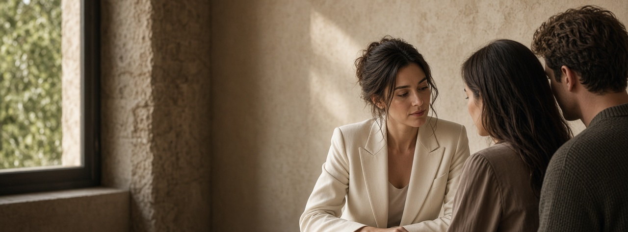 A wedding planner in private conversation with a couple in a quiet Italian villa