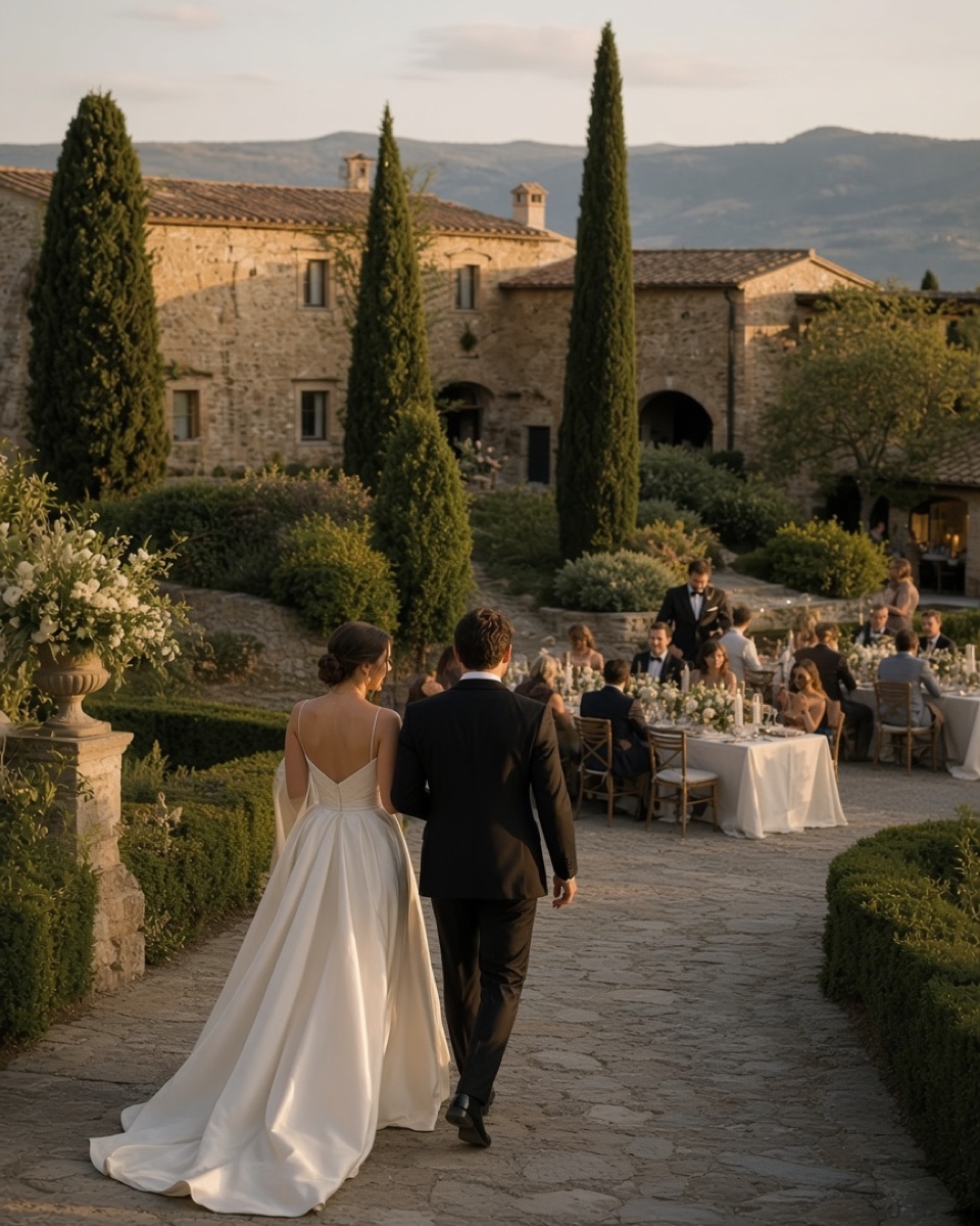 Bride and groom walking toward an outdoor wedding dinner at an Italian estate