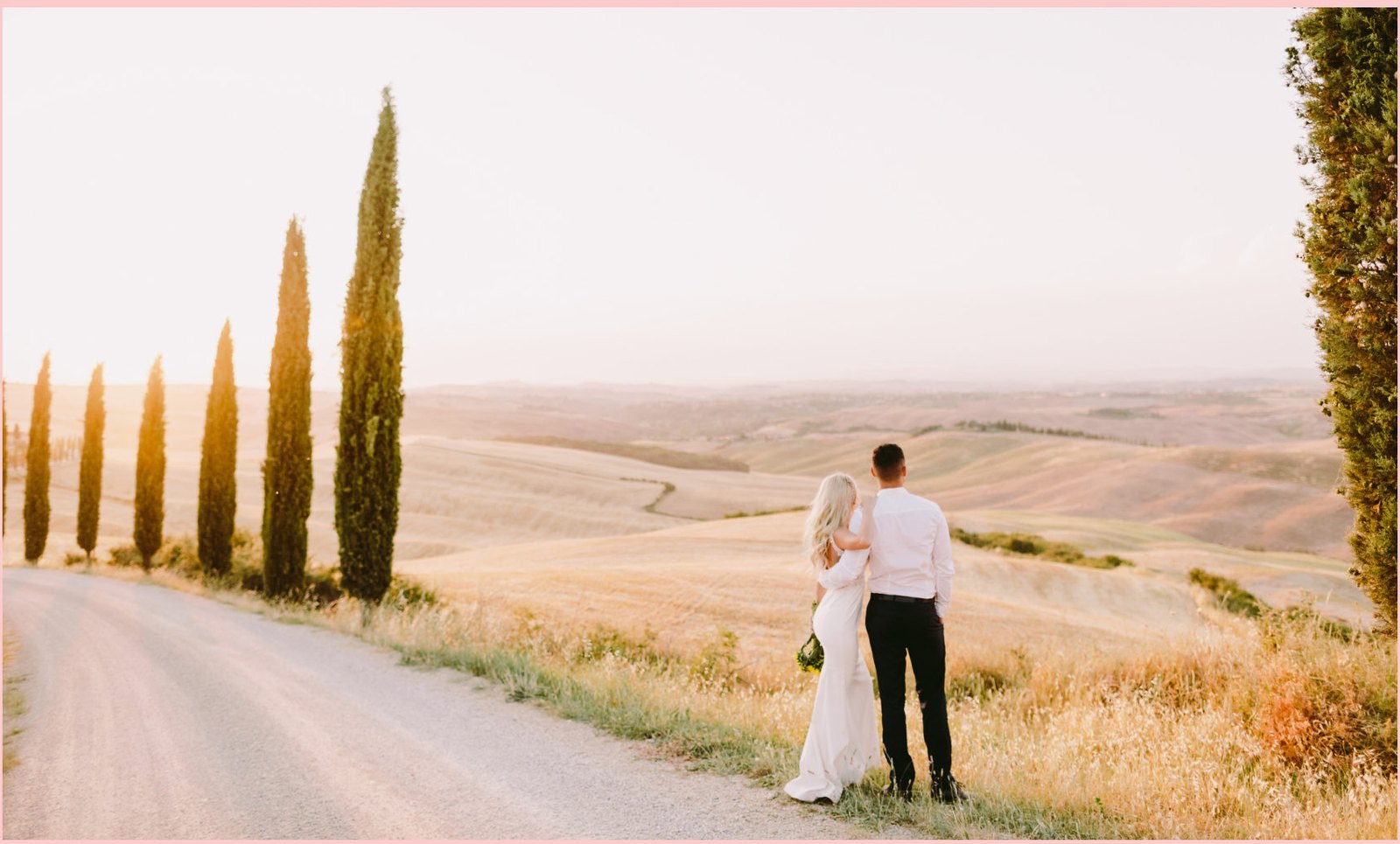 A cypress-lined Italian road in late light