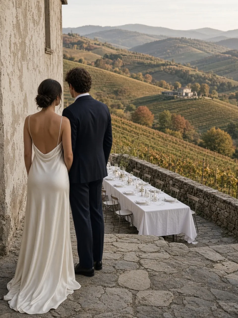 Couple on a stone terrace above a vineyard wedding table