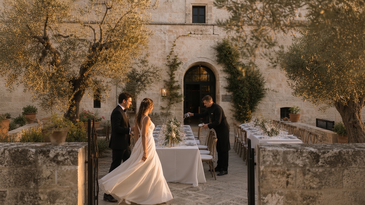 Bride and groom entering a limestone masseria courtyard prepared for a wedding dinner in Puglia