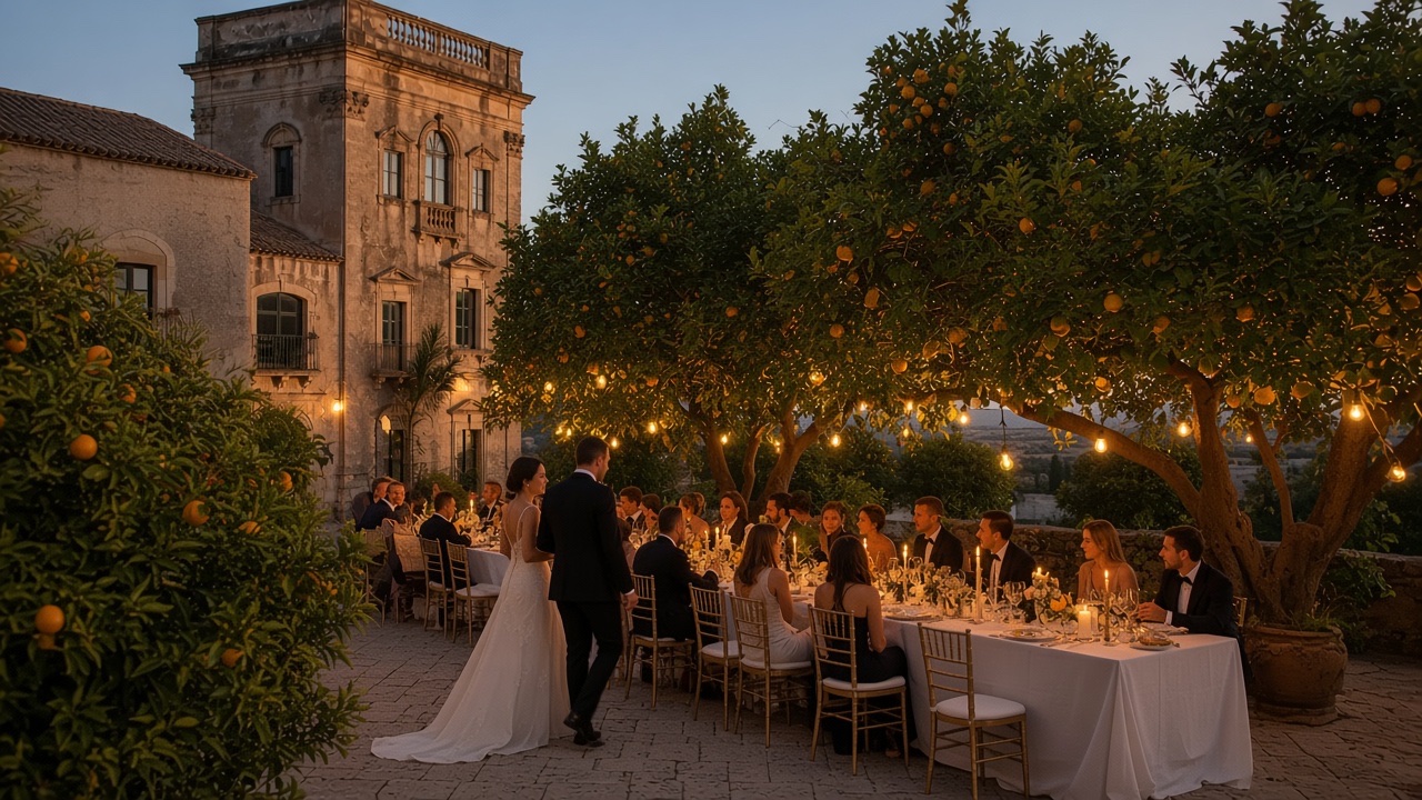 Bride and groom approaching a candlelit wedding dinner beneath citrus trees at a Sicilian estate