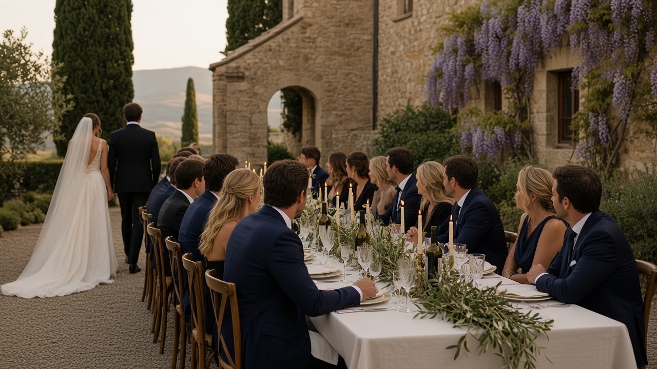 Bride and groom approaching an outdoor wedding dinner at a private Tuscan estate