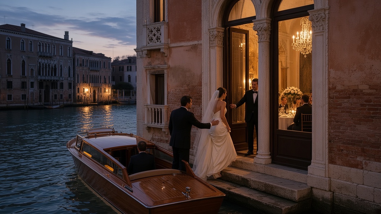 Bride arriving by wooden water taxi at the private entrance of a Venetian palazzo
