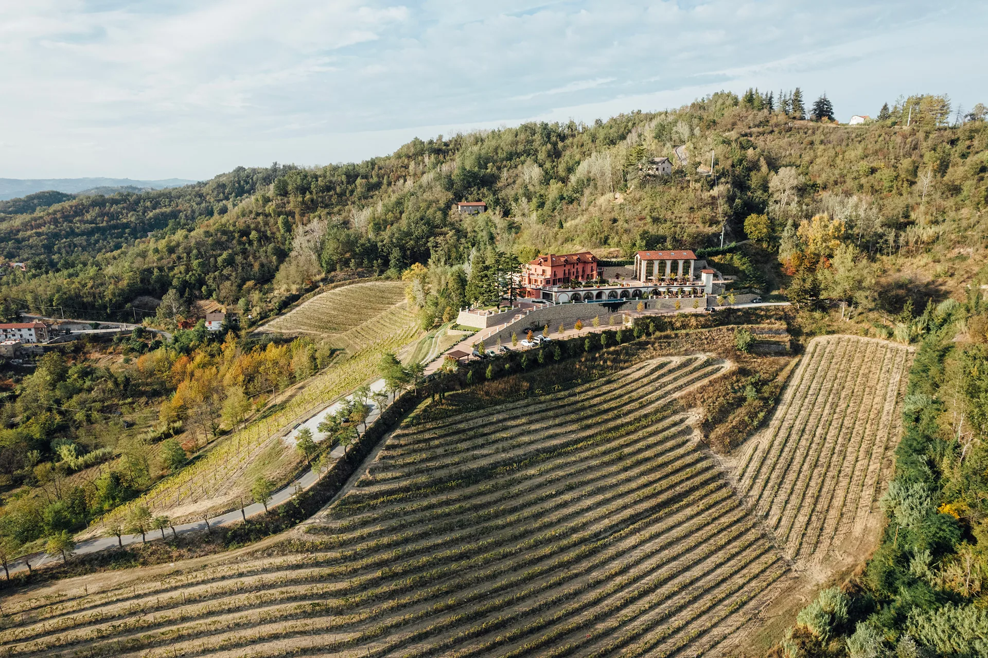 Nordelaia on its hillside at Cremolino, the house set among the vineyards of Monferrato.