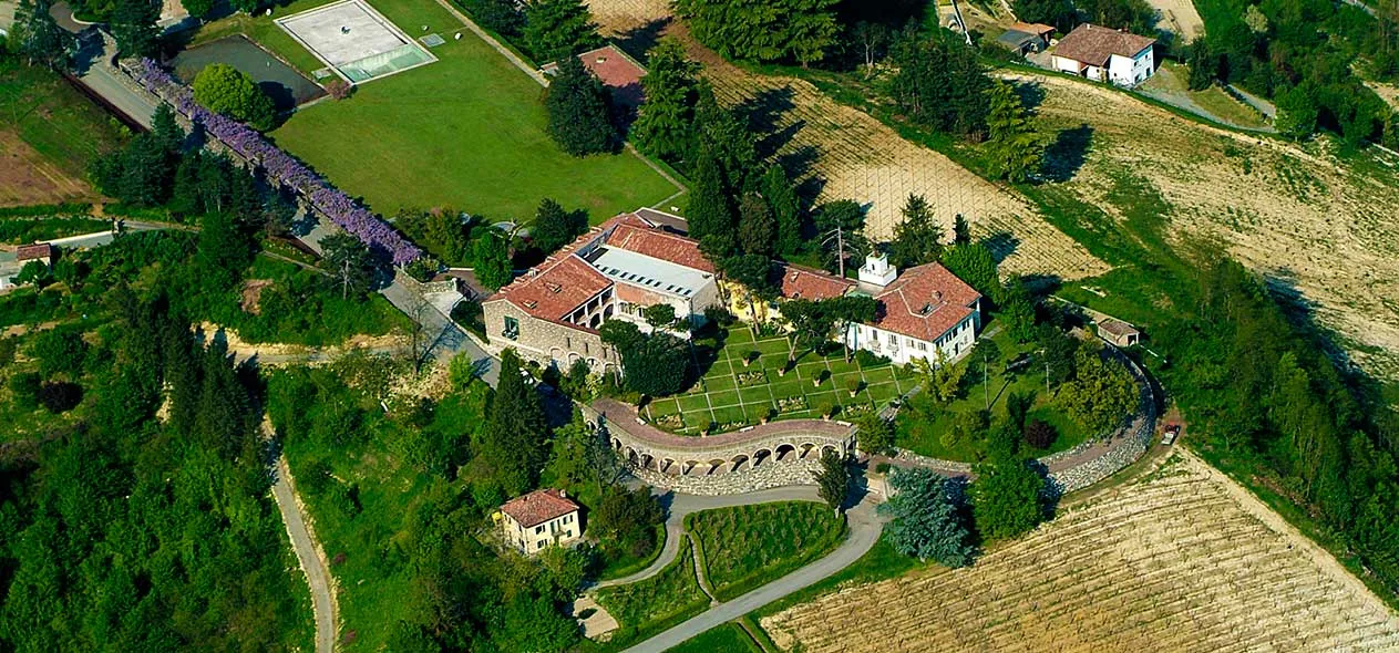 Aerial view of Villa Ottolenghi Wedekind on the hill of Borgo Monterosso above Acqui Terme.